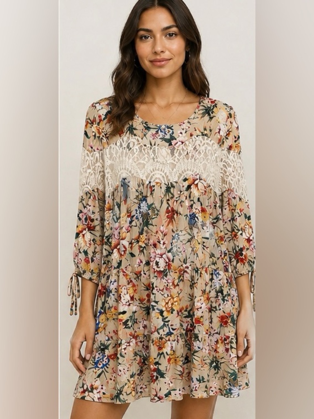 Umgee Beige Floral Lace Yoke Lightweight Flowy Tunic Dress
